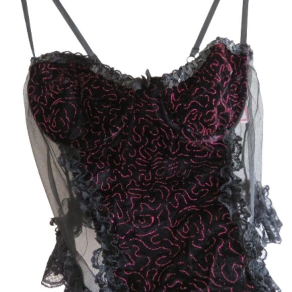 VINTAGE EMIL BOLE Lace Ruffle Black Mesh Velvet Metallic Bodysuit Teddy Goth - Picture 1 of 14